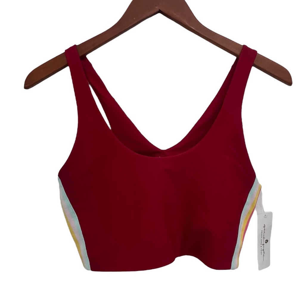 Spiritual Gangster Red Sports Bra with Multicolor Side Stripes